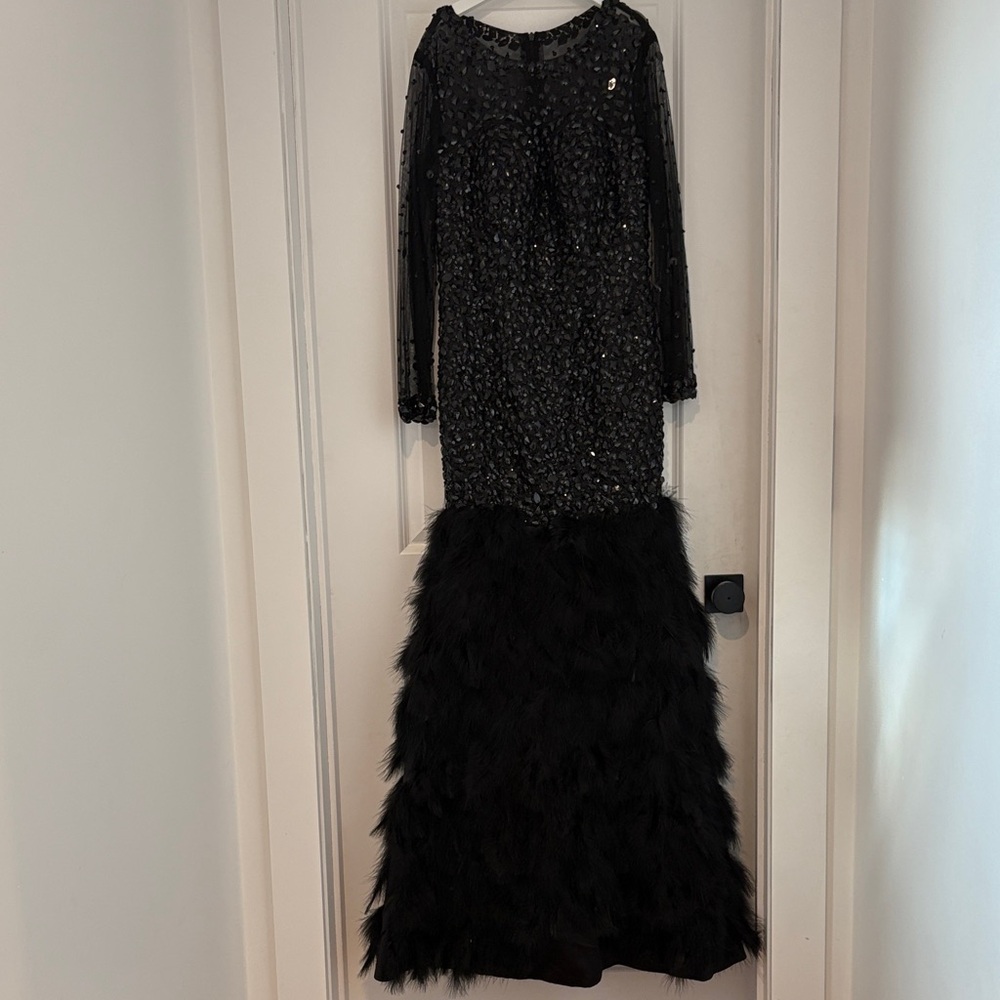 Custom Made Elegant Black Sequin and Feather Gown